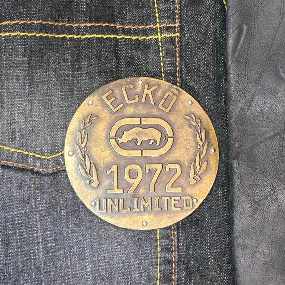 ECKO 1972 Unlimited Denim Jean Jacket Mens Large Black Leather Logo Embroidered - Picture 11 of 15